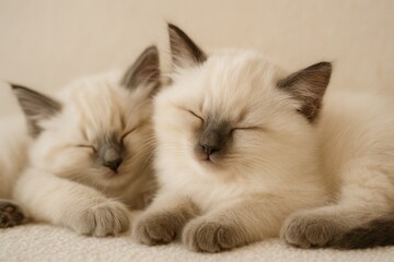 Tired Ragdoll kitten naps alongside her brother or sister
