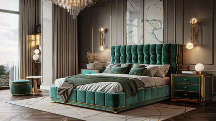 Art deco bedroom with emerald green velvet bed frame, mirrored side tables, and gold geometric light fixtures.
