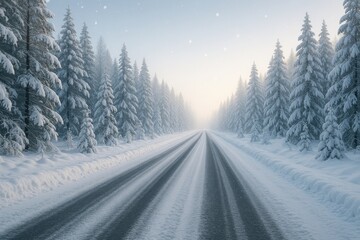 Winter snowfall covering the street with a scenic background