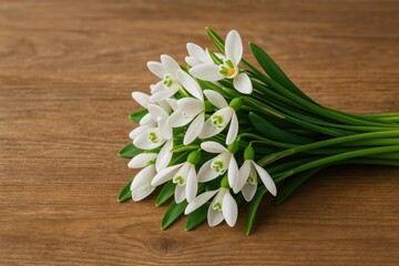 Delicate snowdrop bouquet against rustic wood surface
