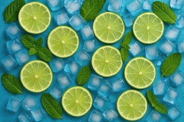 Fototapeta premium Refreshing lime slices garnished with mint and ice cubes