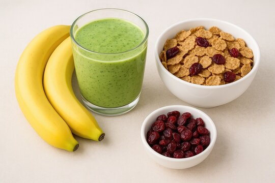 Healthy breakfast ideas with smoothies, cereal, dried cranberries, and banana