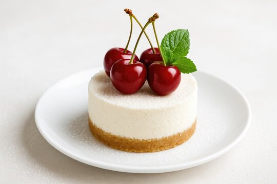 Mini cherry cheesecake garnished with mint leaves