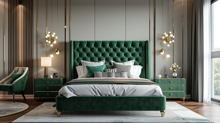 Art deco bedroom with emerald green velvet bed frame, mirrored side tables, and gold geometric light fixtures.