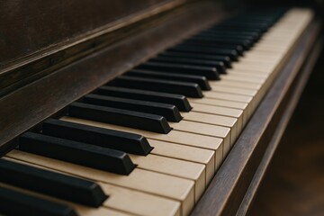 Close-up of a vintage piano keyboard with blurred background