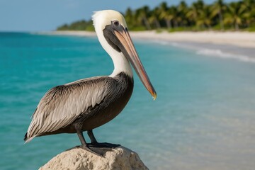 Seagull relaxing on a coastal rock under the sun at the shoreline