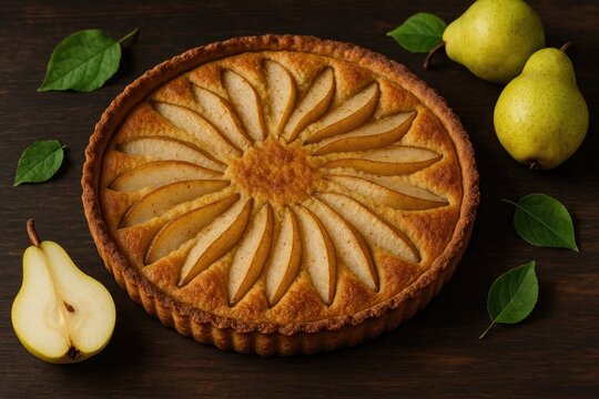 Delicious Pear Tart Topped with Frangipani on a Rustic Wooden Surface