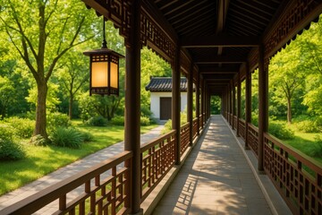 Fototapeta premium Traditional Chinese Corridor Lighting with Pathway Lamps