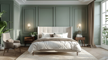 A modern bedroom with a soft sage green accent wall above crisp white wainscoting, featuring a curved cream upholstered headboard and natural linen bedding.