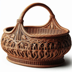  Victorian Handwoven Wicker Basket with Curved Wooden Handle and Detailed Weave Pattern, Isolated on a Pure White Background in a Vintage Craftsmanship Style