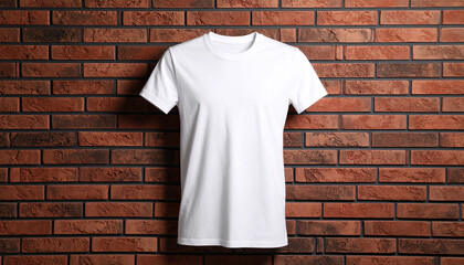 White T Shirt Hanging on Brick Wall Background for Apparel Mockup and Display