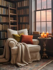 Cozy Reading Nook: An inviting reading nook showcases a comfortable armchair, soft cushions, and a warm throw blanket, nestled beside a towering bookshelf and illuminated by the soft glow of candles.