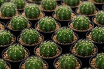 Close-up of tiny cacti in decorative pots