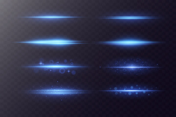 Horizontal neon linear rays, explosion of glitter. Blue flashes of light, glowing line.Vector.EPS 10.