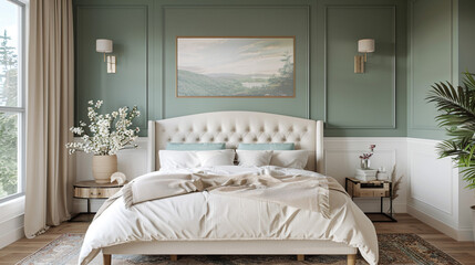 A modern bedroom with a soft sage green accent wall above crisp white wainscoting, featuring a curved cream upholstered headboard and natural linen bedding.