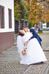 A bride and groom are kissing on a cobblestone street