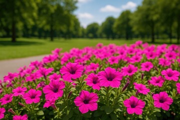 Obraz premium Summer blooms of petunias in a scenic park