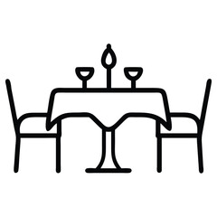 Table for two outline with glasses and candle icon isolated