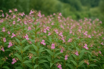 Obraz premium Wild flora adorned with vibrant pink blossoms along the riverbank