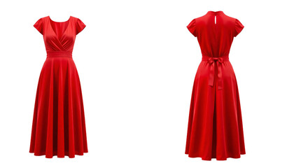 Red dress in front and back view, mockup isolated on transparent background