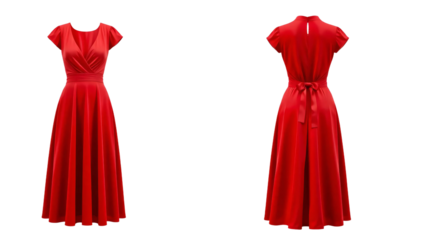 Red dress in front and back view, mockup isolated on transparent background