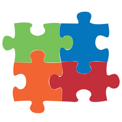 Puzzle template without a background of 4 colored parts. Blue, orange, red and green. Puzzle elements. Mockup for printing a composite jigsaw puzzle vector drawing.