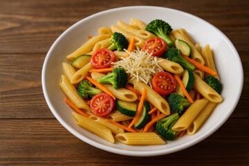 Vegetable pasta served on a rustic wooden surface
