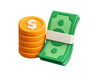 3D Money Stack with Dollar Coins and Cash Bundle Illustration Isolated on Transparent Background