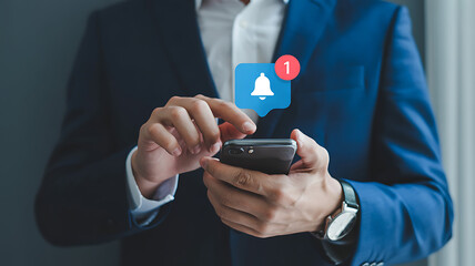 Notification Alert: A professional individual interacts with their smart phone, the notification bubble overlayed with a red one, signaling important update and timely information.