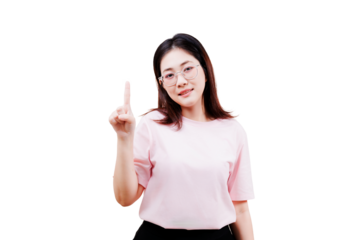Asian young beautiful woman wearing glasses and a pink shirt is holding up her index finger, smiling confidently at the camera.