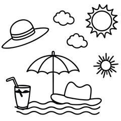 Whimsical summer vacation icons featuring hats umbrella drink sun and clouds for a relaxing beach getaway