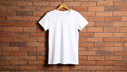 White T Shirt Hanging on Brick Wall Background for Apparel Mockup and Display