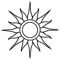 Stylized sun emblem with fiery rays and concentric circles in a bold outline design