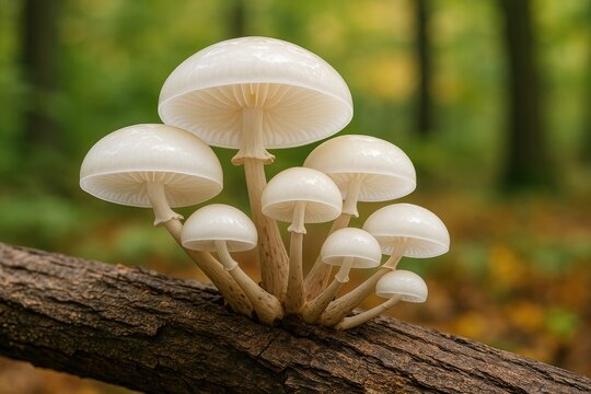 Close-up of a porcelain fungus growing on decayed wood