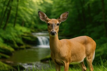 Fototapeta premium Elegant adult female white-tailed deer in lush woodland with flowing stream and waterfall in the background