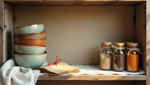 Rustic wooden shelf displaying a stack of ceramic bowls a bundle of envelopes tied with red ribbon and glass jars filled with spices and grains - Powered by Adobe