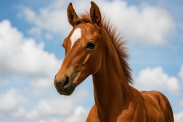 Fototapeta premium Detailed portrait of a young chestnut horse beneath a cloudy sky