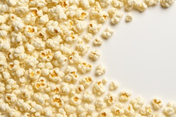 Close-up of popcorn kernels scattered on a plain white surface