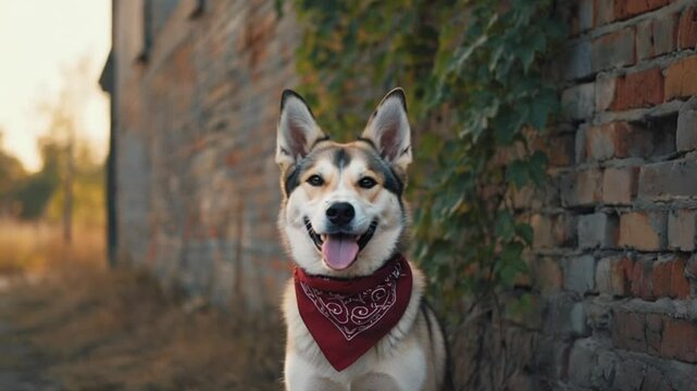 Happy dog wearing a bandana poses beside a rustic brick wall in a sunlit outdoor setting