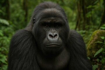 Naklejka premium Mountain gorilla portrait in lush forest setting
