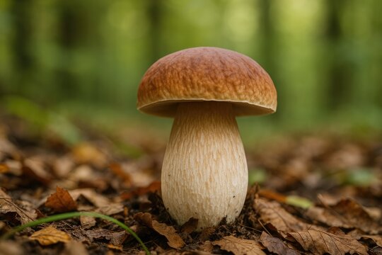 Wild porcini mushroom growing amidst trees in a woodland