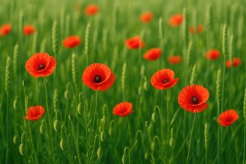 Fototapeta premium Wild poppies blooming in a lush wheat field