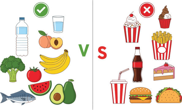 Healthy food versus unhealthy food comparison with fruits and snacks