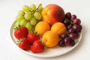 Close-up of a summer fruit platter featuring strawberries, grapes, apricots, and peaches on a white surface