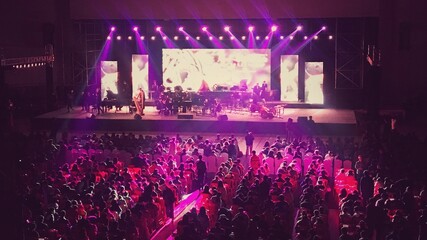 A stage bathed in purple lights hosts a live concert. Musicians perform with instruments, screens...