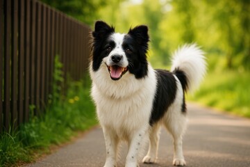 Fototapeta premium Side view of a canine standing on a sidewalk near a barrier