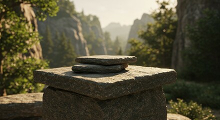 Stone Pedestal in Lush Forest Landscape – Natural Outdoor Scene