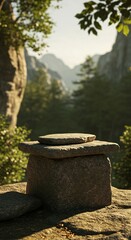 Stone Pedestal in Lush Forest Landscape – Natural Outdoor Scene