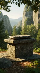 Stone Pedestal in Lush Forest Landscape – Natural Outdoor Scene