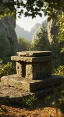 Stone Pedestal in Lush Forest Landscape – Natural Outdoor Scene